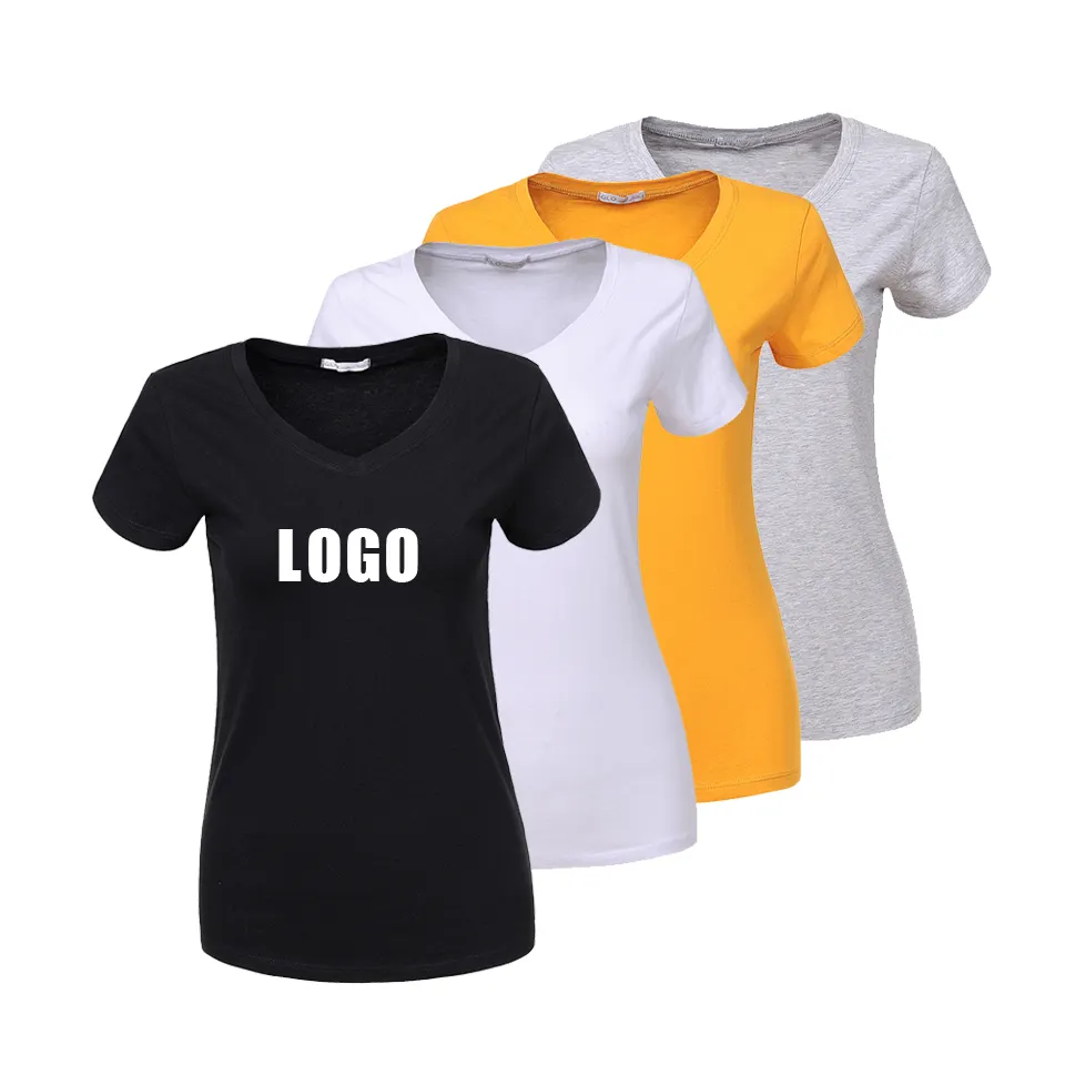 Custom Print Embroidered Plus Size Summer Short Sleeve Slim Fit Women Plain T-shirts women's t-shirts V Neck t shirt women