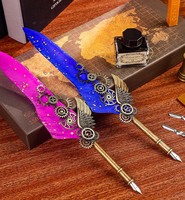 LISI Set de stylos de calligraphie vintage à encre trempée avec tige en cuivre Stylo plume d'écriture de Noël Marqueurs d'art d'anniversaire Coffret cadeau
