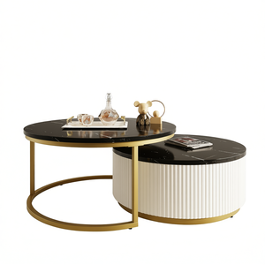 Table basse ronde moderne à emboîter, design cannelé, plateau en marbre, structure métallique, mobilier de salon - Product Image 1