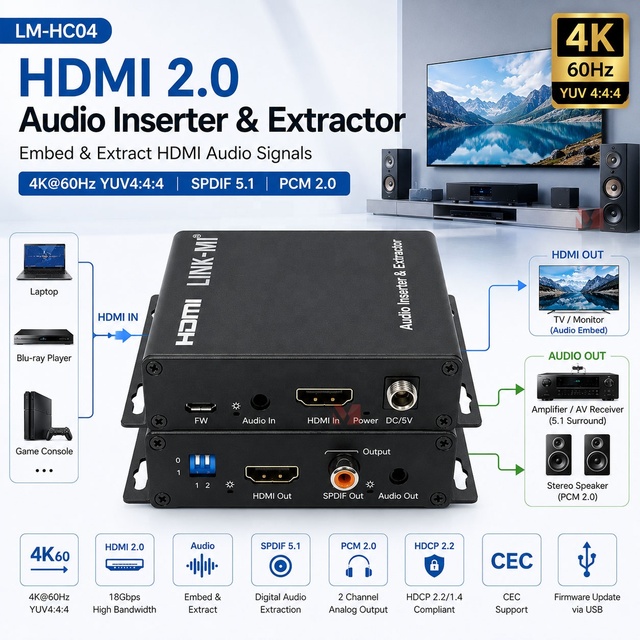 HDMI Audio Extractor Inserter 4K60Hz 18Gbps HDMI2.0 Audio Converter with SPDIF Analog Output