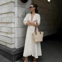 Robe longue décontractée pour femme Enyami, chic à la française, élégante, en coton et lin, col en V, manches bouffantes, style maxi
