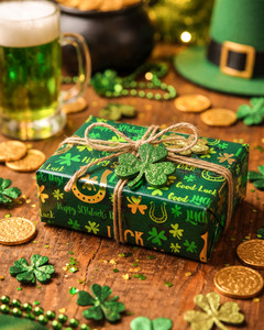 Green gold-plated St Patrick's Day gift wrapping <b>paper</b> with golden horseshoe shamrocks Double-sided printing customizable - Product Image 2