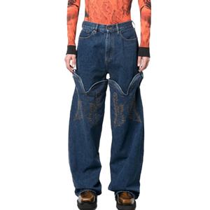 Prix de gros Jean décontracté mode délavé style urbain unisexe bleu coupe cowboy à revers haut et jambe large - Product Image 3