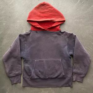 Fabricants de sweats à capuche courts en coton, patchwork bicolore, vintage, délavé, effet soleil, délavé à l'acide, sweats à capuche pour hommes - Product Image 1