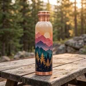 Bouteille d'eau en cuivre artisanale avec couvercle, motif Montagne Coucher de soleil Forêt, gourde métallique portable pour l'extérieur - Product Image 1