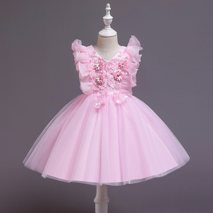 Robe de princesse rouge pour enfants, col en V, jupe en tulle, applique florale, robe de demoiselle d'honneur en forme de A - Product Image 2