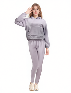 Set Felpa con Cappuccio da Donna in Poliestere e Cotone Felpato, Tinta Unita, Traspirante, per Autunno, Manica Lunga con Tasche - Product Image 1