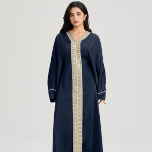 LM122 Robe longue abaya de luxe en dentelle brodée dorée | <span class=keywords><strong>Style</strong></span> arabe <span class=keywords><strong>Khaleeji</strong></span> avec ceinture intérieure - Product Image 1