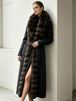 Manteau long en cachemire et laine mélangée Janveny de luxe pour femme avec grand col en vraie fourrure de renard, manches tricotées, coupe ajustée et élégante