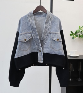 New <strong>Spring</strong> Fall Vintage Unique Color Block Lady Washed Button Long Sleeve Denim Coat <strong>Jacket</strong> Patchwork Sweater <strong>Women</strong> Jeans <strong>Jacket</strong> - Product Image 3