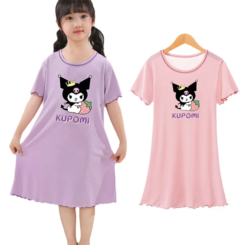 Kawaii Anime Sanrios Kuromi Crianças Camisola Verão Ice Silk Pijama Bonito MyMelody Cinnamoroll Meninas Vestido Dos Desenhos Animados Presente Homewear