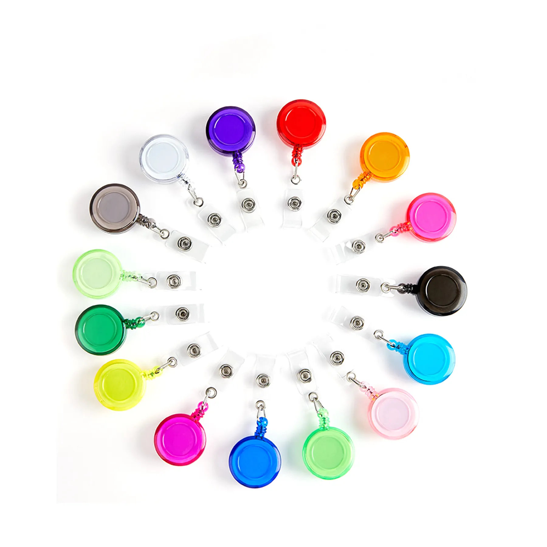 Custom Logo Colourful 32mm Round Shaped ID Card Name Clip Keychain Plastic Retractable Badge Roller Reel Holder With Back Clip