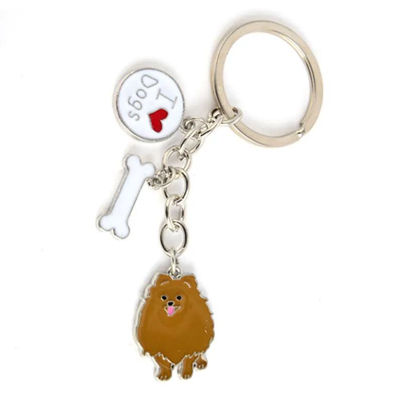 Pomeranian köpek anahtarlık anahtarlıklar kadın erkek kızlar beyaz altın renk metal pet köpek kolye çanta uğuru araba anahtarlık anahtarlık