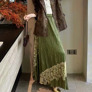 Retro Style Velvet Half Length <b>Skirt</b> <b>with</b> Women's Lace Patchwork and <b>Elastic</b> <b>Waist</b> Design, Loose Hanging and Wide Swing <b>Skirt</b> - Product Image 1