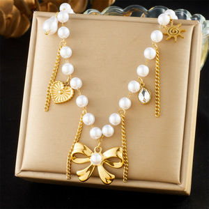 European American Style Pearl Bow Heart Sun Pendant Chain Beaded Women's Collarbone Necklace - Product Image 1