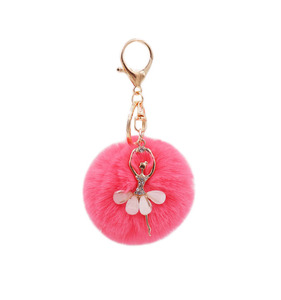 Colorful Angel Fur Ball Pom Pom Keychain Cute Bling Rhinestone Ballet Girl Artificial Pompom Keychain Bag Pendant Keyring