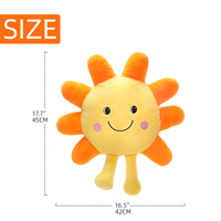Peluche Soleil avec visage rond jaune, rayons orange et jambes pendantes, personnage Soleil souriant