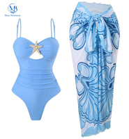 Nouvelle conception Ensemble deux pièces pour femme, taille haute, étoile métallique à cinq branches, couleur unie, bikini évidé avec robe de bain imprimée