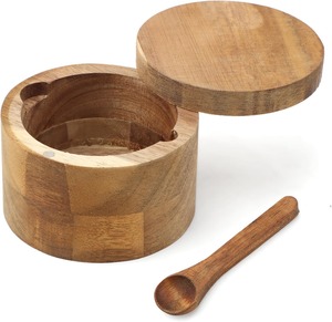 กล่องใส่เกลือไม้กระถินพร้อมช้อนในตัว ป้องกันฝุ่น กล่องเกลือไม้แท้พร้อมฝาปิดแบบหมุนได้ - Product Image 5