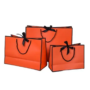 Custom Print Your Own Logo Boutique Handbag Package Bags Orange Fashion Accessories Paper Packaging Shopping Bags with Bow Tie