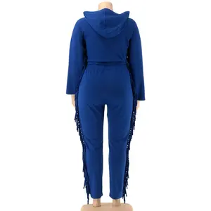 Püskül dokunmamış dokuma yöntemi ile rahat artı boyutu kadın giyim katı desen Hoody eşofman takımı - Product Image 5