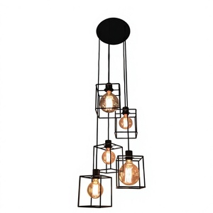โคมไฟเพดาน LED สไตล์อินดัสเทรียล สีดำ อะลูมิเนียม+อะคริลิค ดีไซน์กรงสี่เหลี่ยม ขั้วหลอด E27 ปรับความสูงได้ โคมไฟระย้า 5 ดวง - Product Image 1
