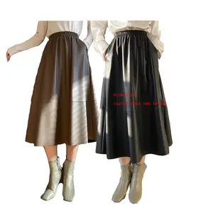 ecowalson Women PU Leather Flared Skirt 90s Retro High Waist Solid Midi Skirt Elegant Ladies Chic Skirt