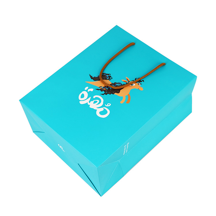 Customized Size Flat Bottom Blue Bolsas Packaging Shopping Carry Cartoon Paper Bag With Rope Handle