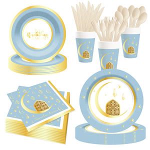 DAMAI nouvelles décorations du <span class=keywords><strong>Ramadan</strong></span> <span class=keywords><strong>Ramadan</strong></span> <span class=keywords><strong>vaisselle</strong></span> ronde bleu et or assiettes tasses serviettes pour <span class=keywords><strong>Ramadan</strong></span> islamique Decore - Product Image 1
