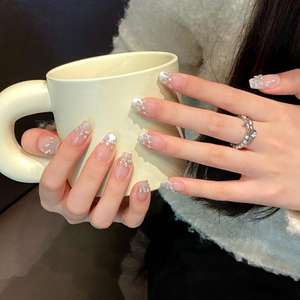 Conception #1763 fait à la main paillettes argent nu Style français couverture complète mariée <span class=keywords><strong>mariage</strong></span> court cercueil presse sur bling ongles diamant ongles - Product Image 3