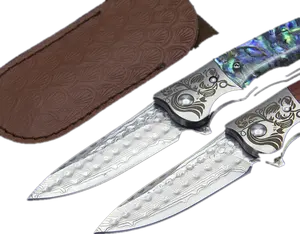 Coltello da tasca pieghevole in acciaio damasco VG-10 manico in legno/conchiglia colorata in vendita per la caccia al campeggio di sopravvivenza