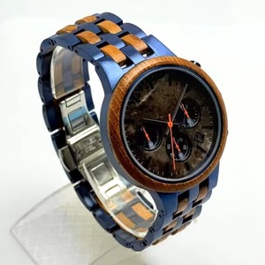 Montre chronographe hybride bois-métal pour homme, lunette en bois naturel, fenêtre de date, bracelet mixte acier-bois, montre décontractée étanche - Product Image 4