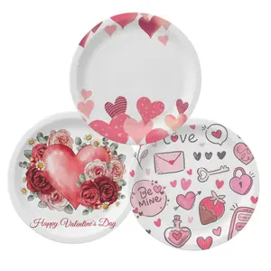 Assiettes en papier pour la Saint-Valentin Assiettes jetables rondes en forme de cœur de conversation Vaisselle décorative colorée de 9 pouces