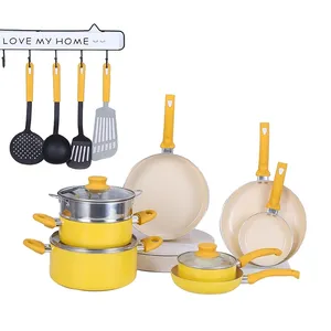 Green Soft Grip life Healthy Ceramic Nonstick, 16 Piece Cookware Pots and Pans Set, PFAS-Free, Dishwasher Safe, Yellow
