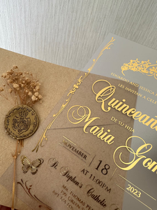 Ensemble d'invitation <span class=keywords><strong>de</strong></span> Quinceanera personnalisé élégant givré acrylique <span class=keywords><strong>fleurs</strong></span> sèches sceau <span class=keywords><strong>de</strong></span> cire <span class=keywords><strong>couronne</strong></span> motif enveloppes kraft Luxe feuille d'or - Product Image 5