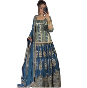Tela de vestido de Georgette de imitación pesada de diseñador moderno para ropa de fiesta étnica paquistaní India para traje Sharara Palazzo Dupatta-High - Product Image 1