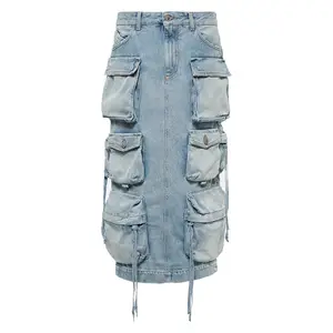 Sexy Hot Streetwear Vintage Fashion Ladies Skirts Casual Washed Blue Denim Jean Long Split Pocket Cargo Skirt Women'S Skirts