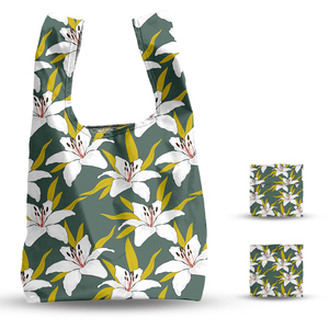 Bolso de mano de poliéster reciclable ecológico de diseño personalizado, bolsa de transporte portátil plegable para compras, impresión de transferencia de calor, logotipo de dibujos animados - Product Image 1