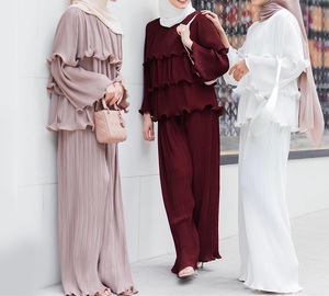Ensemble deux pièces musulman Dubai Turc Ladies Elegant simple couleur unie délicate pressé à volants + pantalon large - Product Image 6
