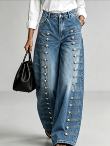 Jeans de Mezclilla de Cintura Alta y Pierna Ancha para Mujer, con Detalles de Botones, Corte Holgado, Largos, Lavados, Estilo Casual, para Otoño - Product Image 5