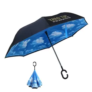 Parapluie inversé à cadre en fibre de verre avec impression du logo à l'envers Double auvent C poignée pour la pluie vente en gros de bonne qualité