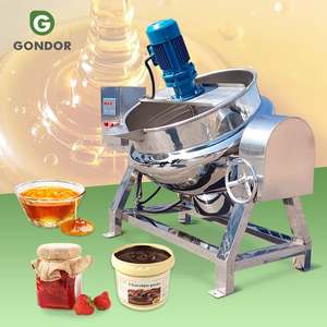 Marmite de cuisson industrielle inclinable et fixe de 250 L à chauffage gaz/vapeur avec agitateur pour la préparation de lait, sauces curry et friandises (par exemple, barres de cacahuètes) - Product Image 1