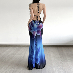 ชุดเดรสลำลองสำหรับวันหยุดพักผ่อนริมชายหาดฤดูร้อนปี 2026 ลายดอกไม้ดิจิทัลตัดต่อผ้าตาข่าย คอวัว สายคล้องคอ ยาวถึงพื้น เอวธรรมชาติ - Product Image 5