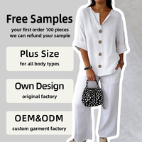 Ensemble deux pièces sur mesure OEM ODM pour femmes grandes tailles en coton et lin, chemise boutonnée à col en V et pantalon large décontracté pour l'été