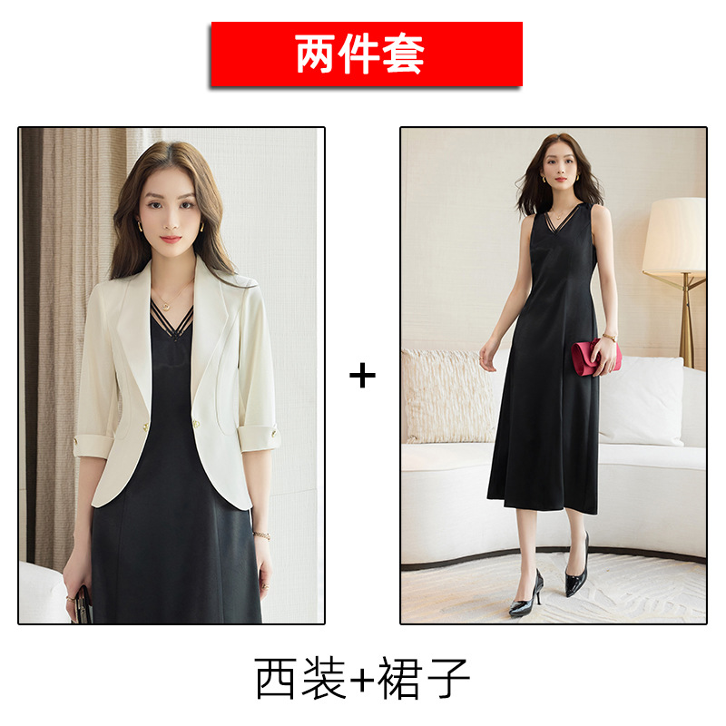 apricot suit and black dress