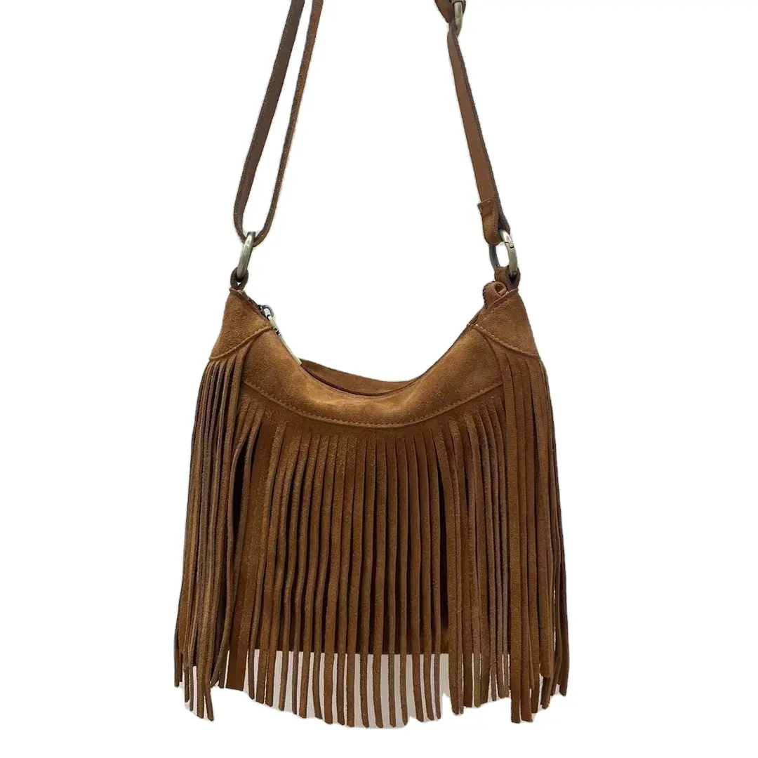 Fashion women genuine leather suede hobo bag with long tassel lady bohemian bucket hobo bag for winter underarm bag