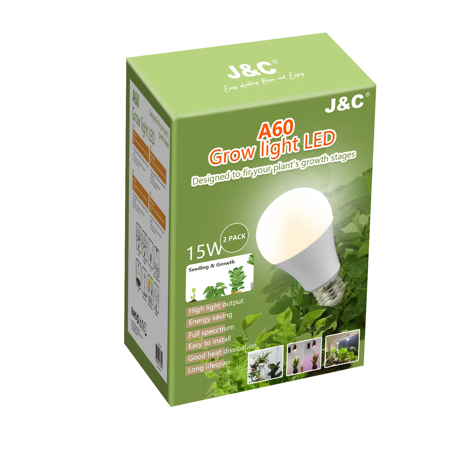 J & C A19 A60พืช LED เติบโตหลอดไฟเต็มสเปกตรัม E26 E27ในร่มเติบโตโคมไฟ OEM โรงงานแสง LED