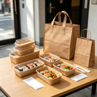 Boîte à sushi rectangulaire jetable en papier de la série EP, en papier kraft renforcé, avec couvercle à boucle sécurisée pour restaurant