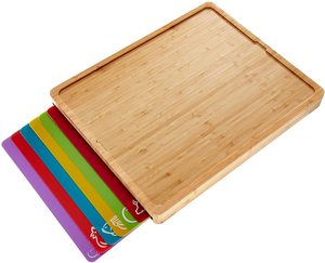 Easy-to-Clean Bamboo Wood Cutting Board with set of 6 Color-Coded Cutting Mats with Food Icons - Chopping Board Set