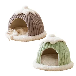 Pengiriman cepat grosir produsen spons buatan tangan katun gua kucing musim dingin mewah hangat rumah anjing ortopedi tidur dalam hewan peliharaan Cushi